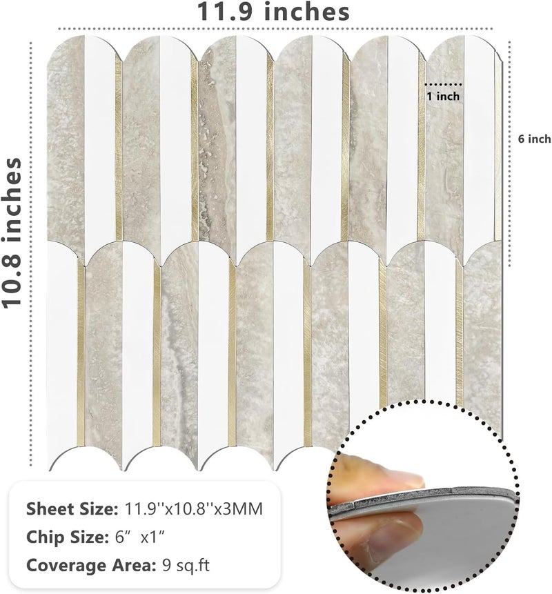 Vamos Tile Peel and Stick Backsplash Seamless Tile,1-Sheet Stick on Backsplash for Kitchen and Bathroom,White and Beige Slate PVC Mixed Metal Gold Self Adhesive Mosaic Tiles - Image 5